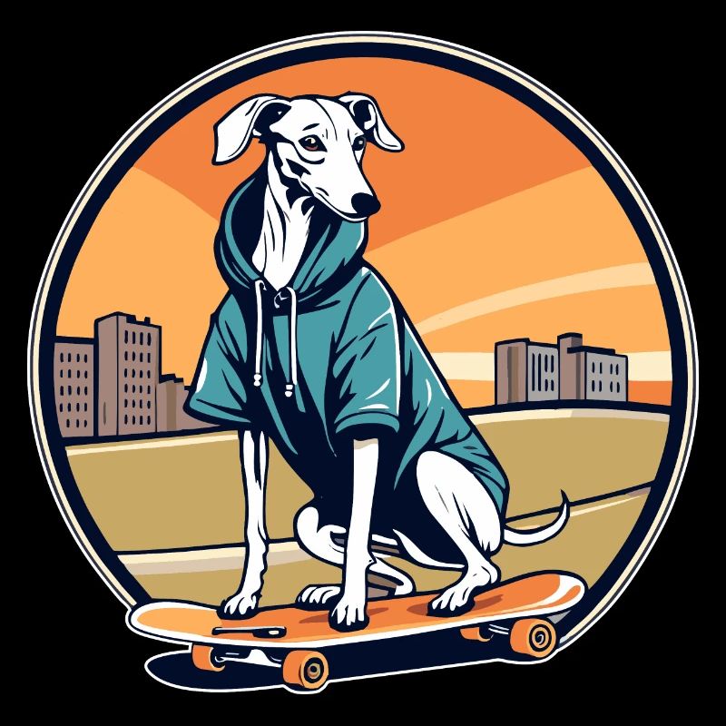 Cooler Whippet auf einem Skateboard mit Kapuzenpulli