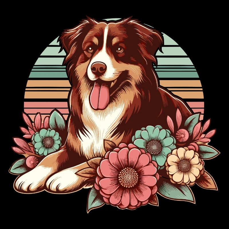 Australian Shepherd red tri Pastel Retro Flowers