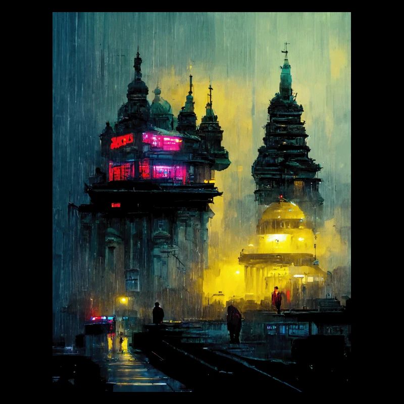 Neon Buddha Cyber Stadt im Regen