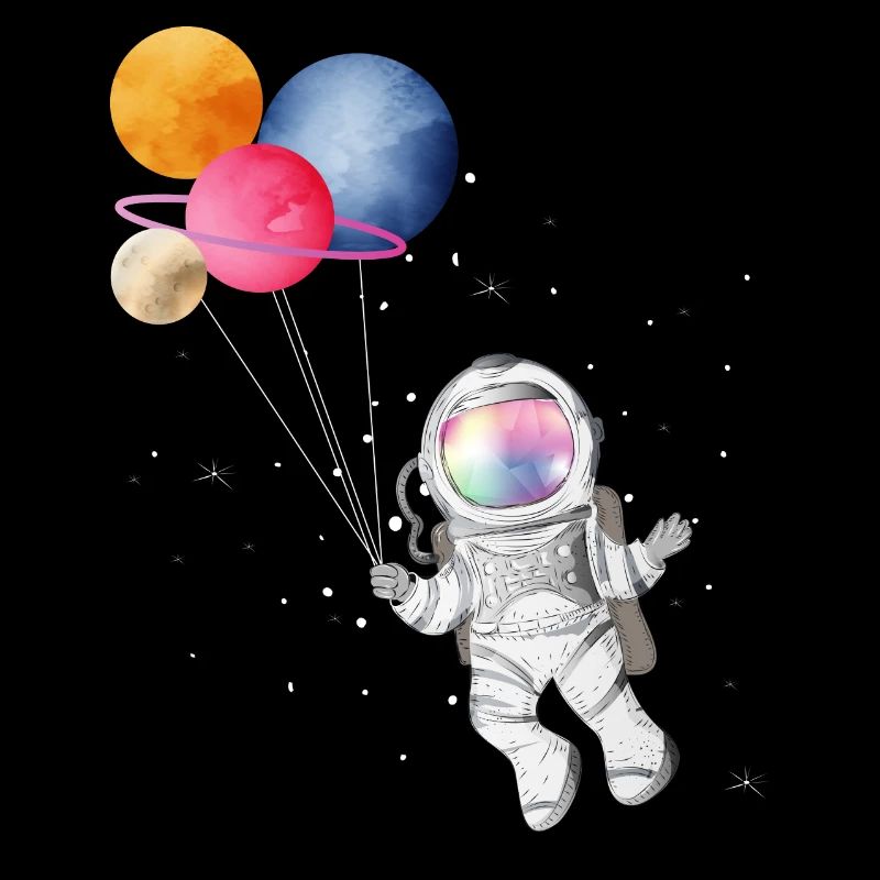 Astronaut with colorful planets as balloons