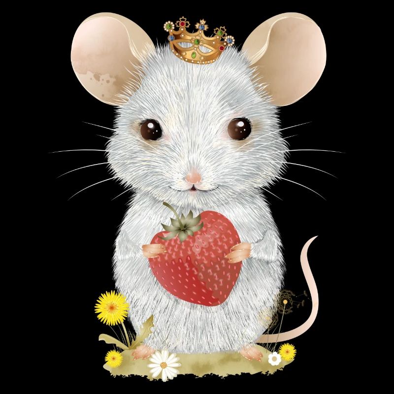 weiße Maus mit Krone,Erdbeere und Löwenzahn Blüten