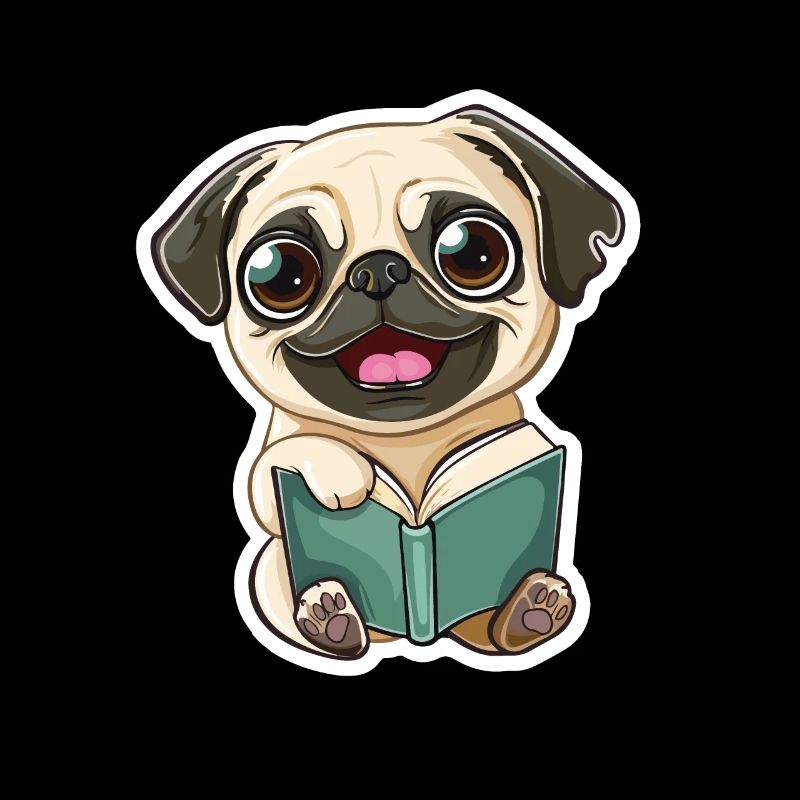 Glücklicher Mops, der ein Buch liest