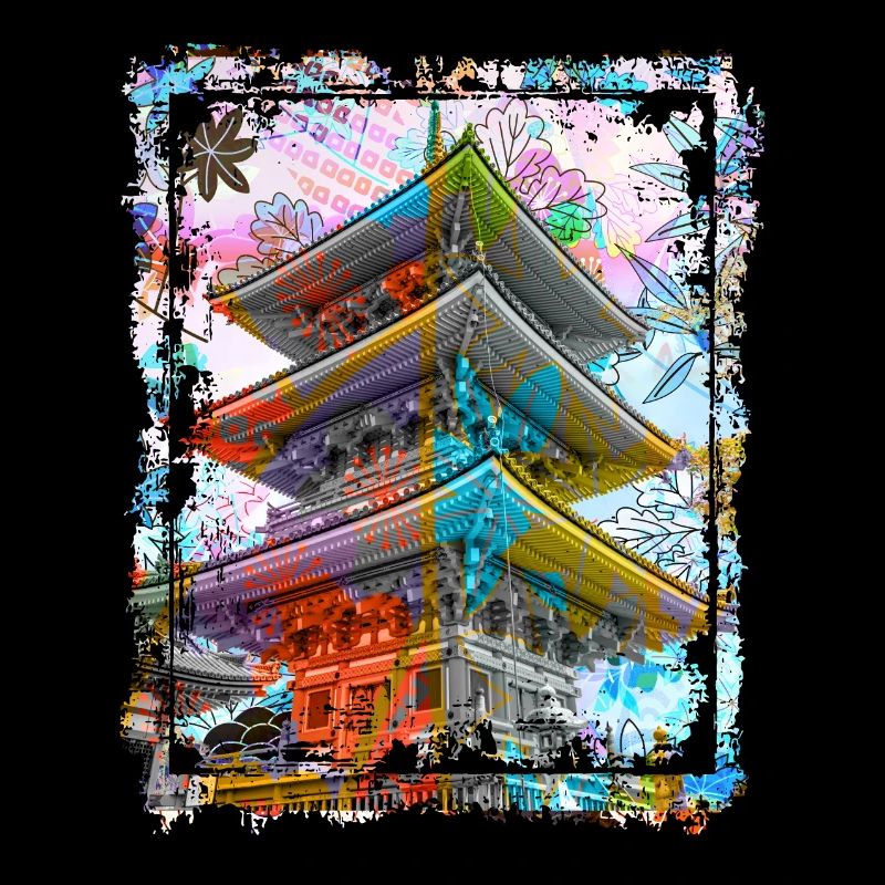 Japan Pagoda Cherry Blossoms Collage Art 70