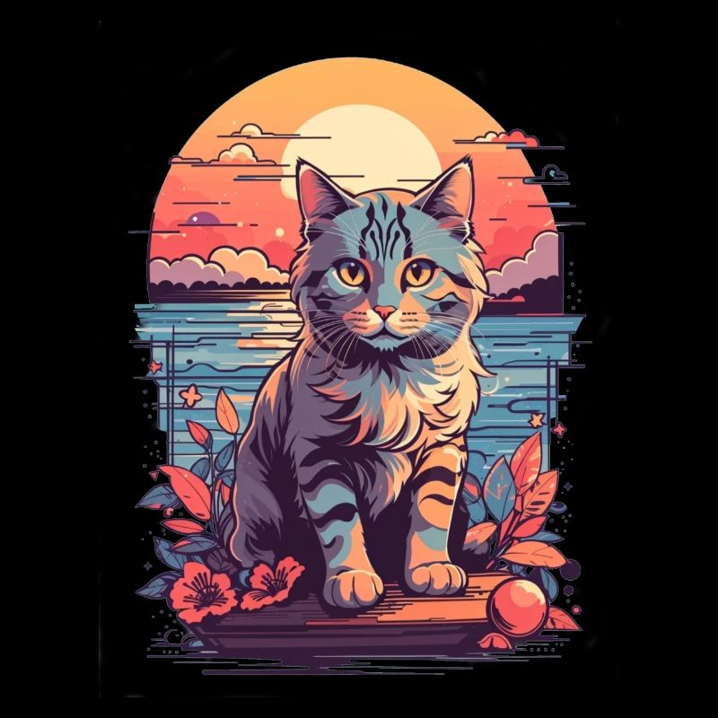 Chat motif mignon, Coucher de soleil chat au bord de la mer