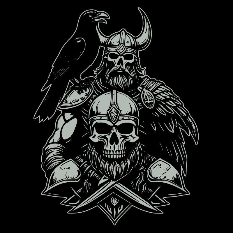 Viking with sword and raven on skull