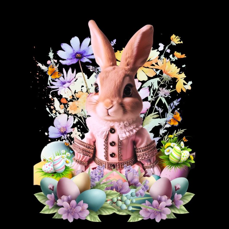 Un lapin rose pastel dans une mer de fleurs