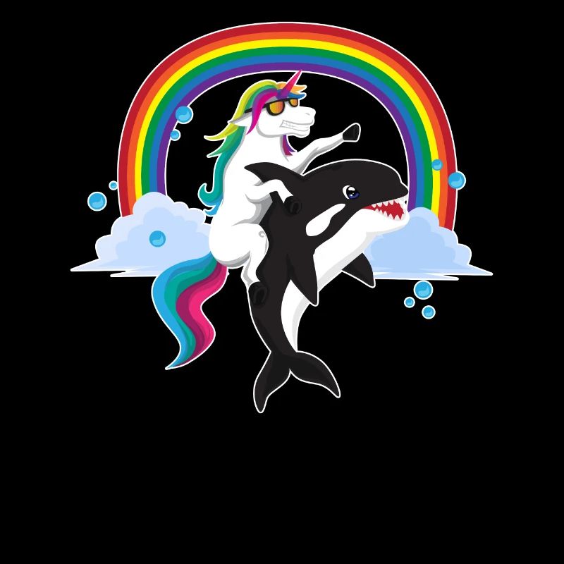 Cool unicorn rides orca with rainbow gift