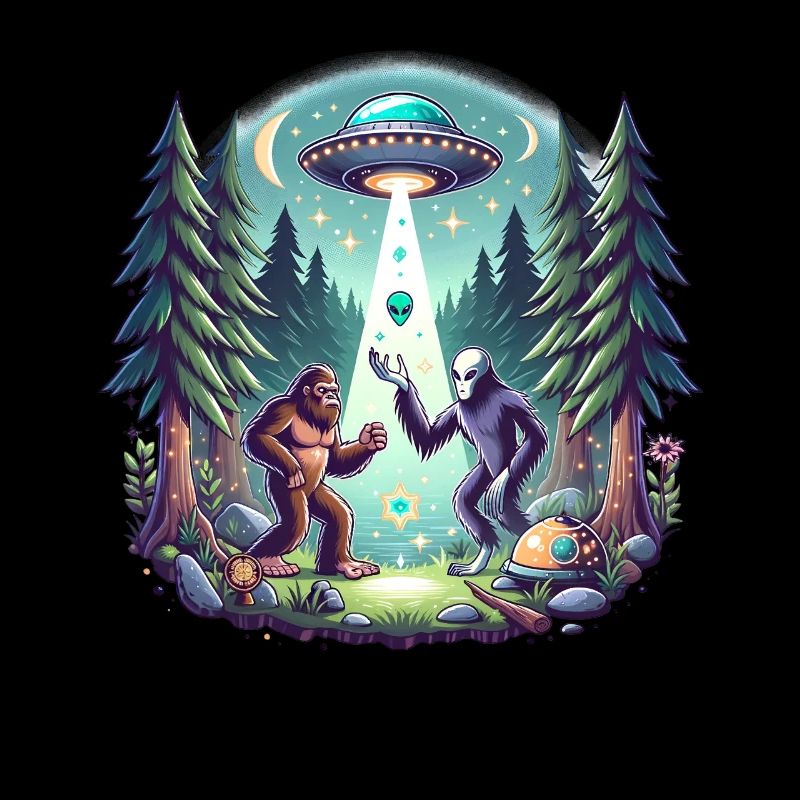 Bigfoot rencontre une rencontre extraterrestre avec un OVNI dans une forêt