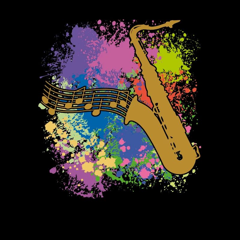 Silhouette de saxophone et notes de musique sur des taches de couleur