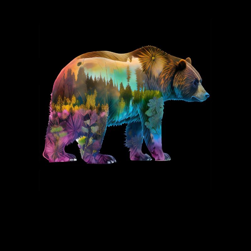 Grizzli avec des silhouettes de forêt et de nature