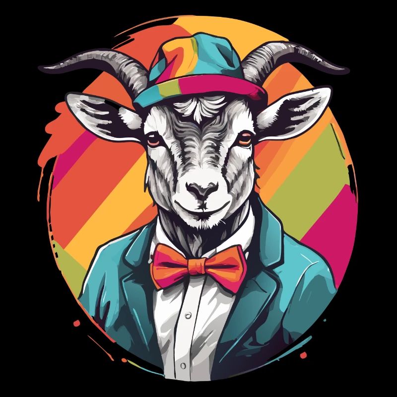 Ziege mit Sakko, Schleife und buntem Hut
