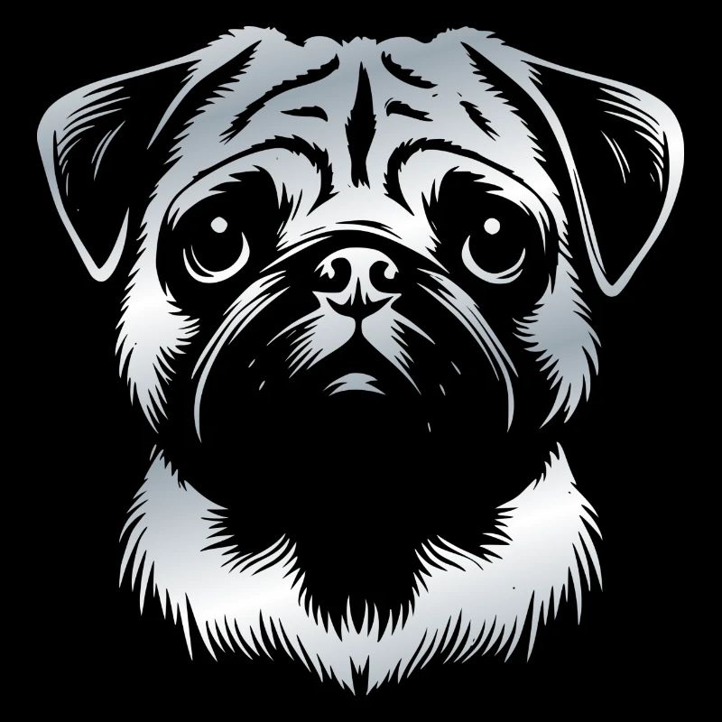 Carlin, tête de chien, dessin argent