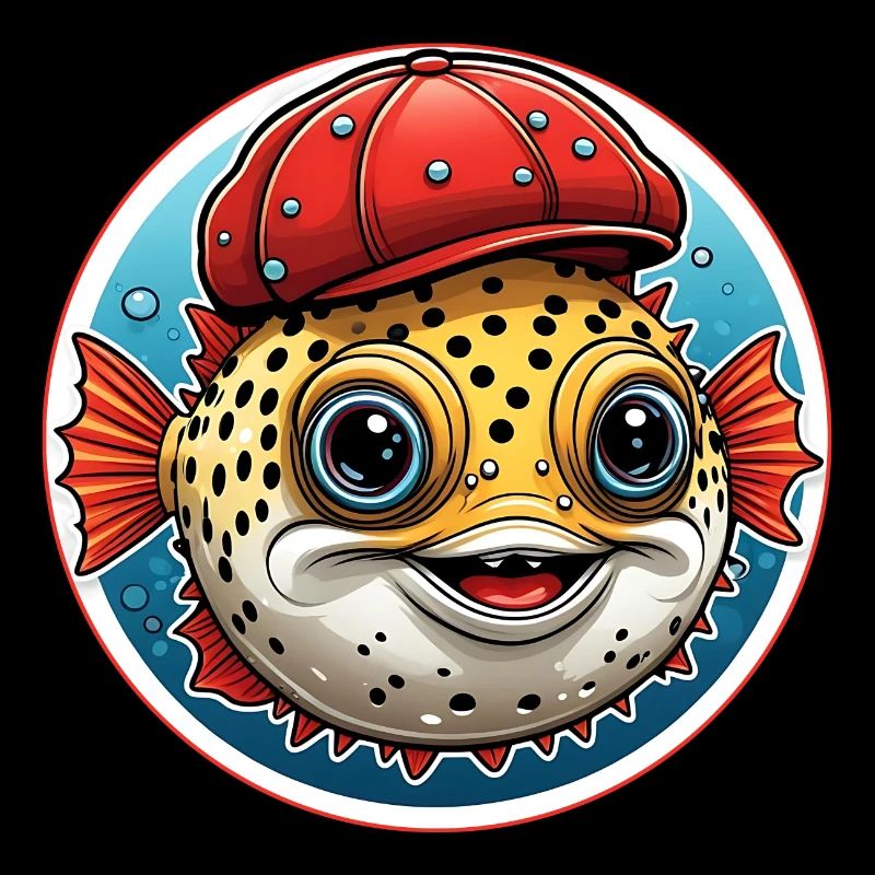 Lustiger Kugelfisch mit roter Basecap