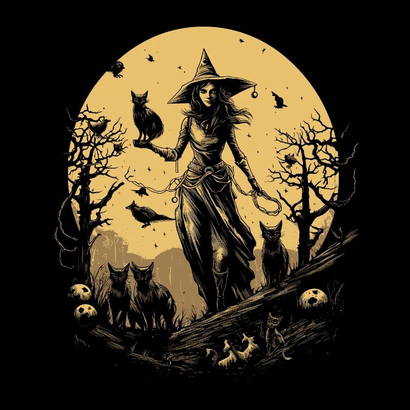 Creepy witch with black cats under full moon