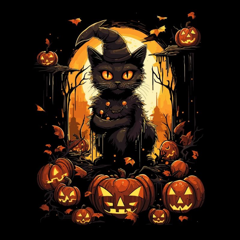Black witch cat with pumpkins and full moon