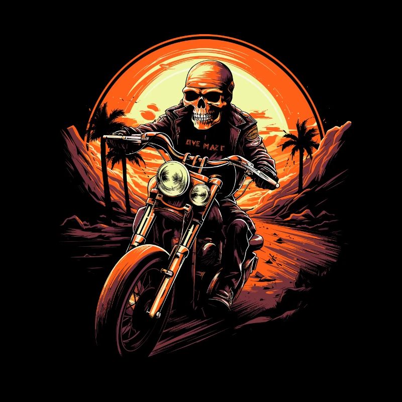 Skeleton On Motorcycle Fire Red Sunset