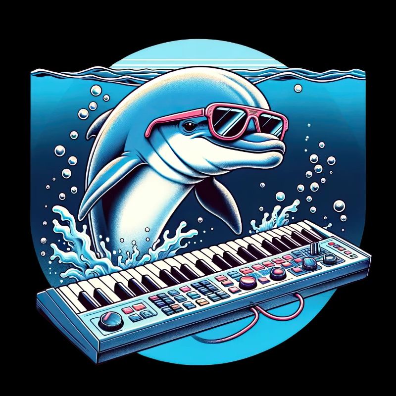 A 80s dolphin with a synthesizer underwater.