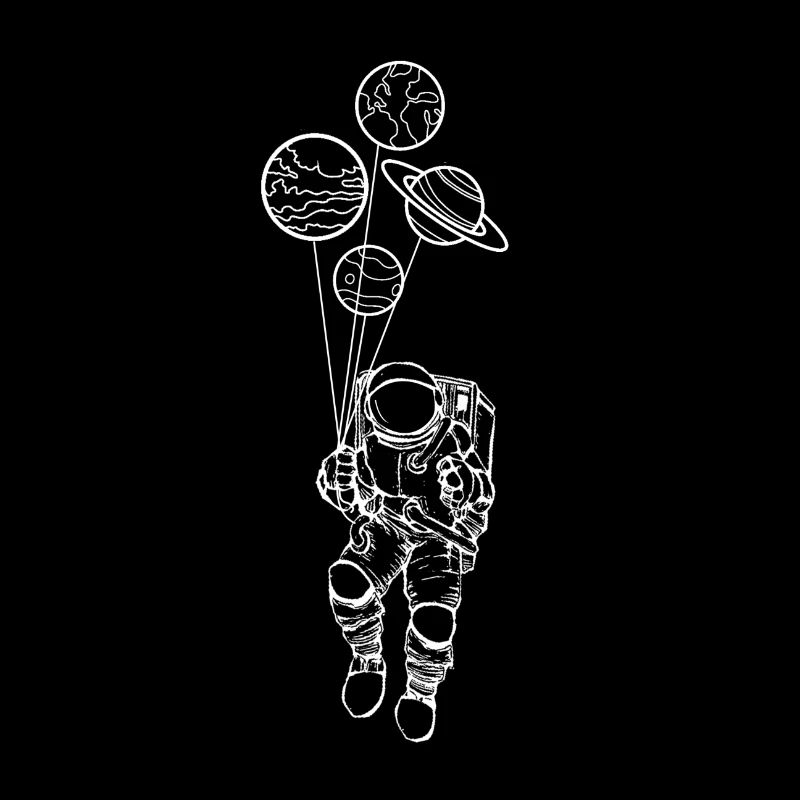 Space astronaut with planets as balloons