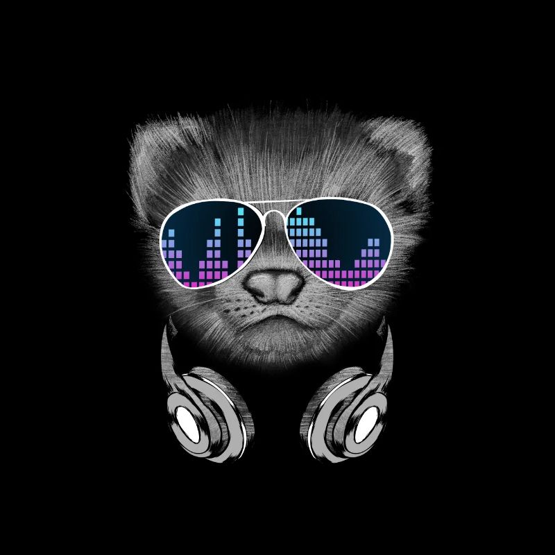 Furet avec écouteurs et lunettes de soleil cool