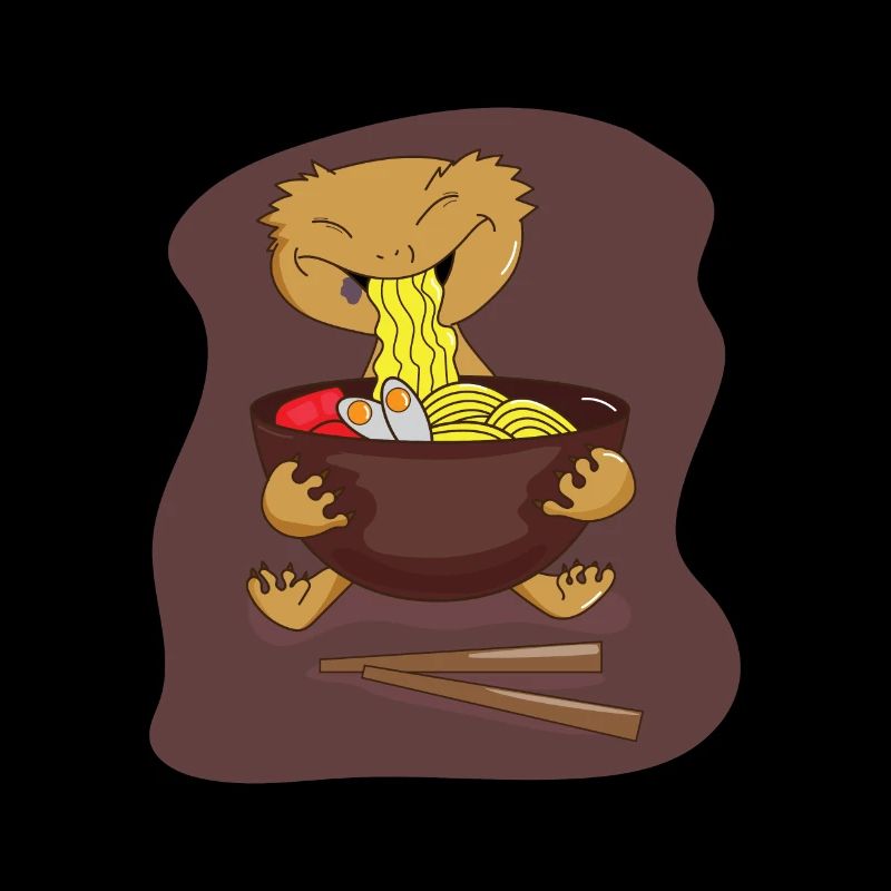 Gecko huppé mangeant des nouilles ramen, de jolis