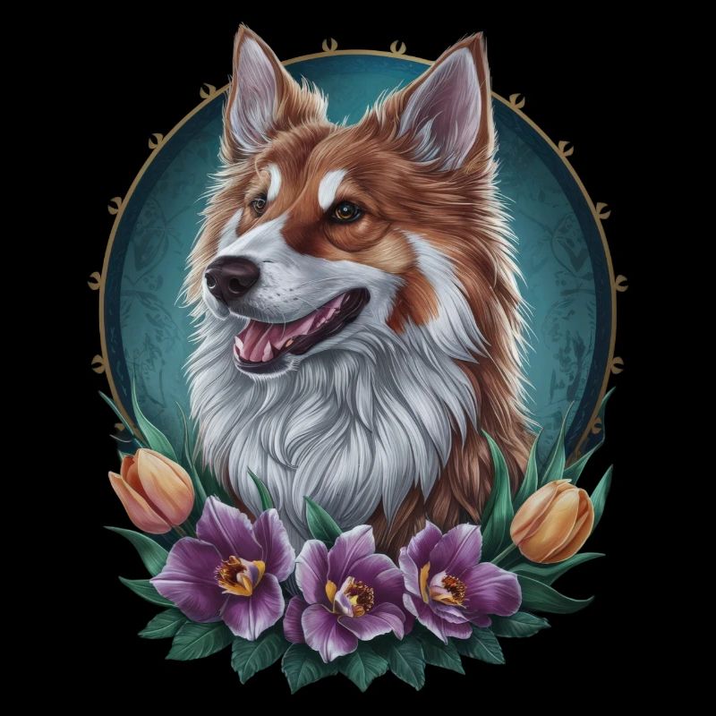 Norwegian Elkhound with Tulips and Flowers