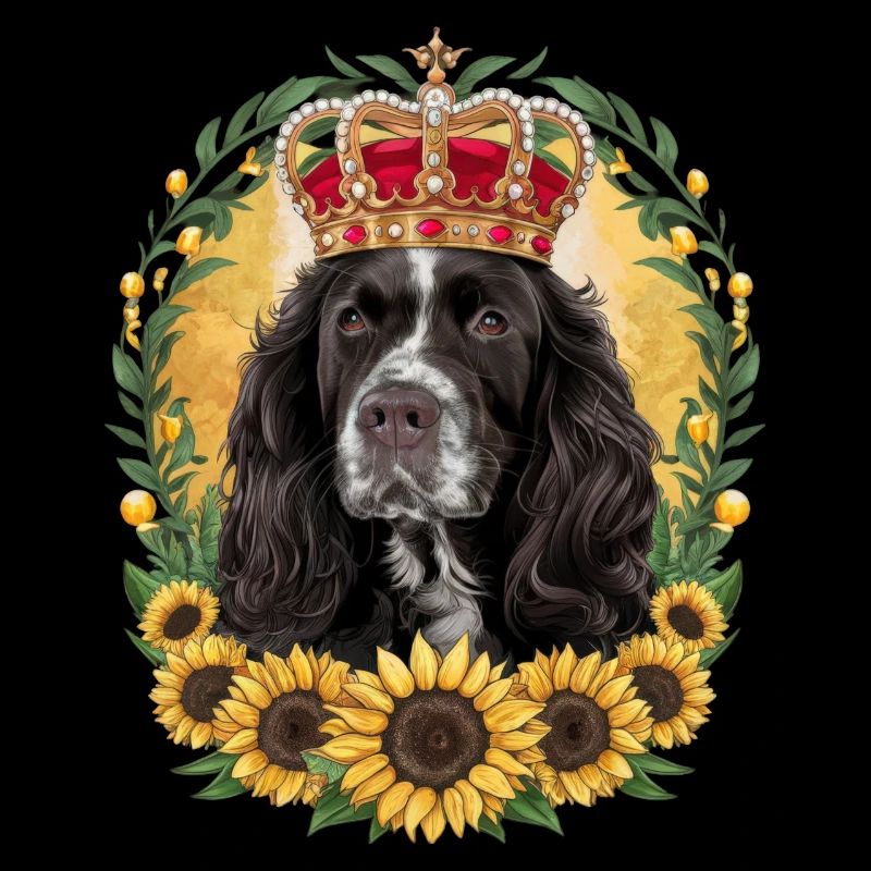Cocker Spaniel avec couronne et tournesols