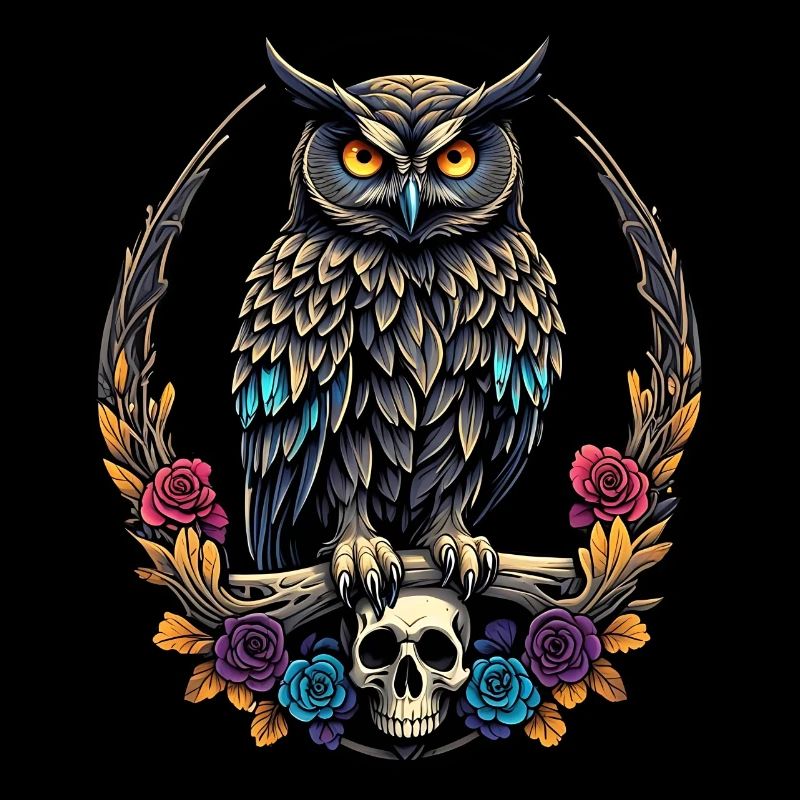 Decorative Owl with Skull and Rose Petals