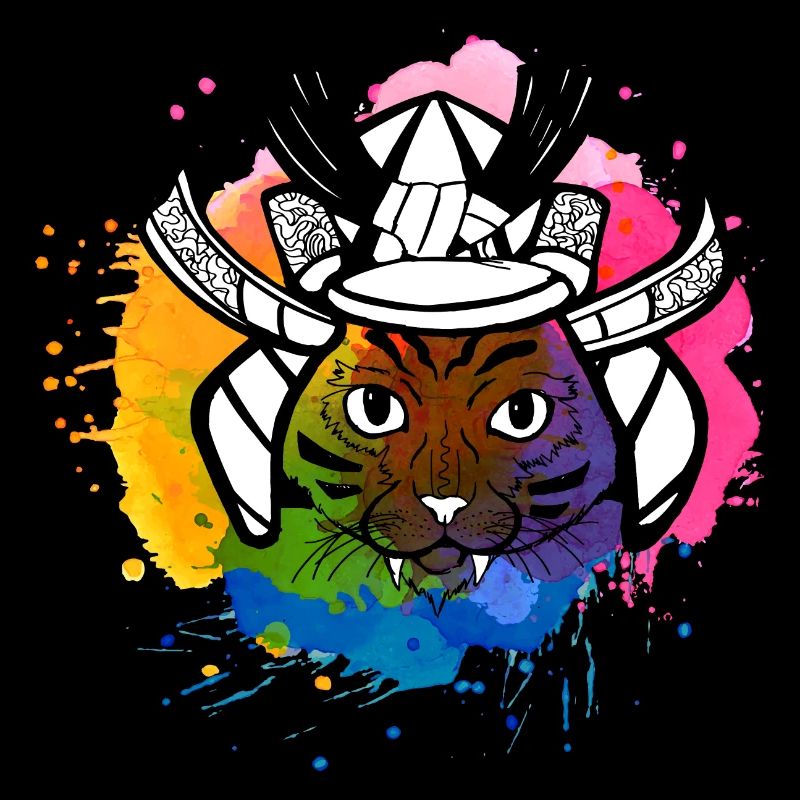 Cute hanging samurai cat with splashes of paint