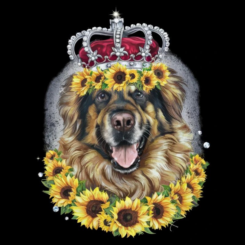 Leonberger Hund mit Krone und Sonnenblumen