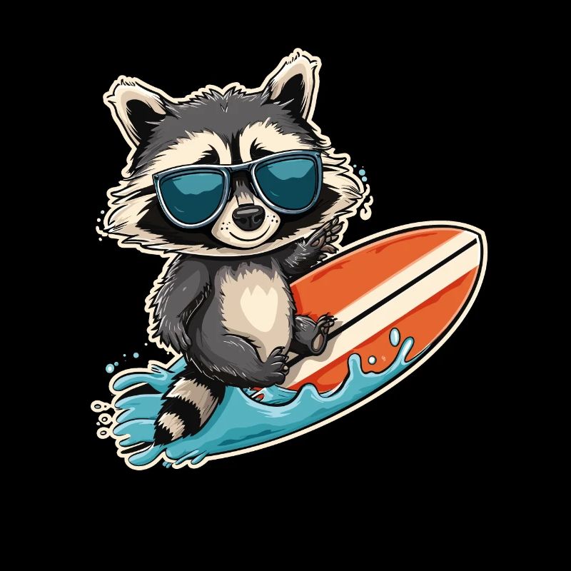 Raccoon on surfboard with sunglasses