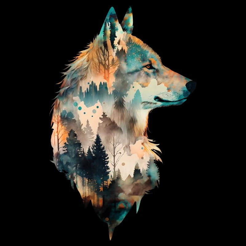 Wolf Aquarelle Forêt Forêt Animal Double Exposition Animal