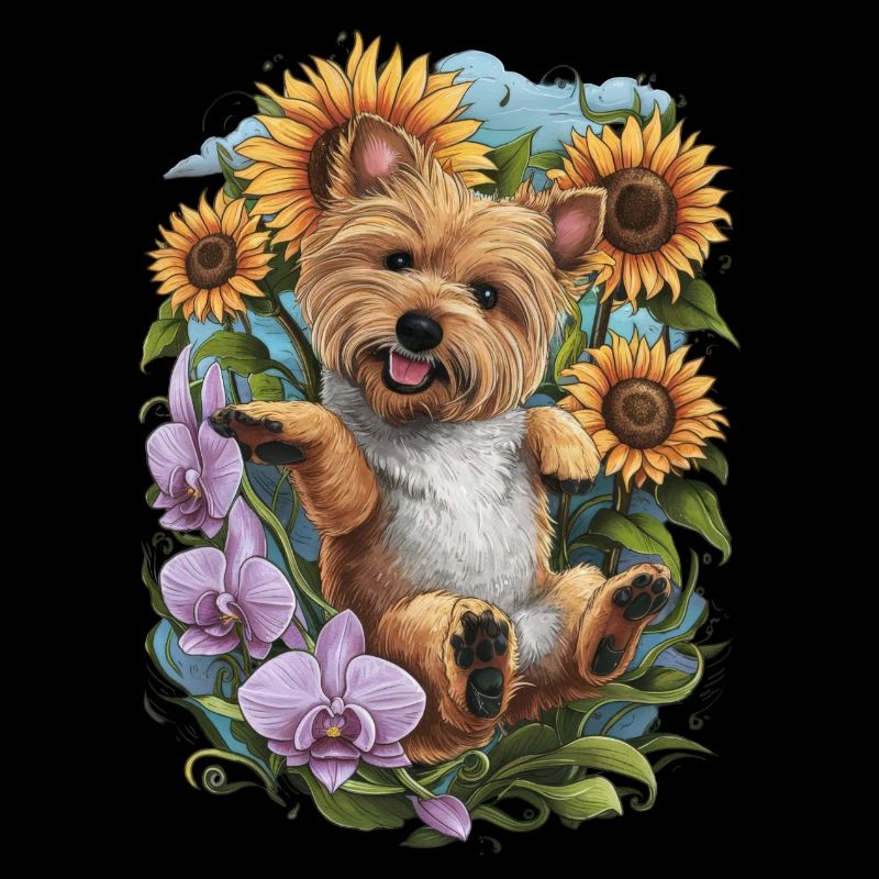 Cairn terrier avec des fleurs de soleil et des orchidées