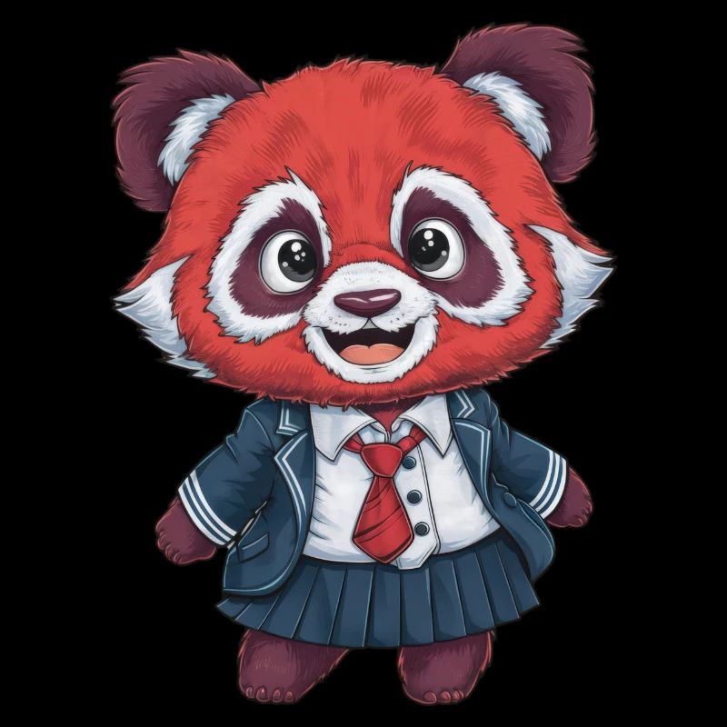 Red Kawaii Panda Wearing School Uniform