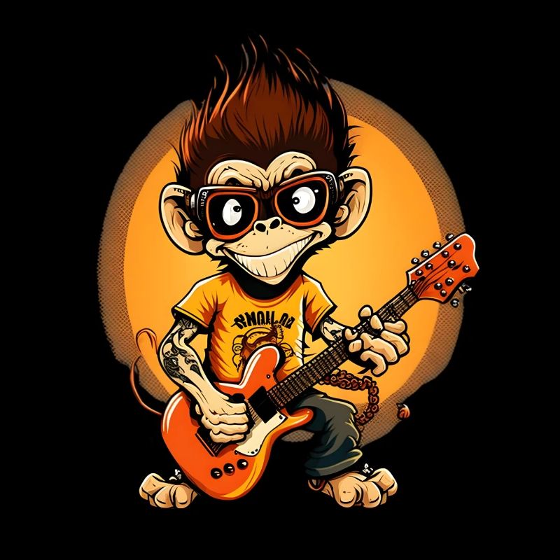 Affe Schimpanse spielt Acousitc Rock Gitarre