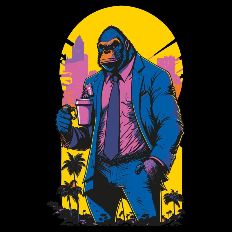 80's Illustration eines Gorillas mit Kaffeetasse