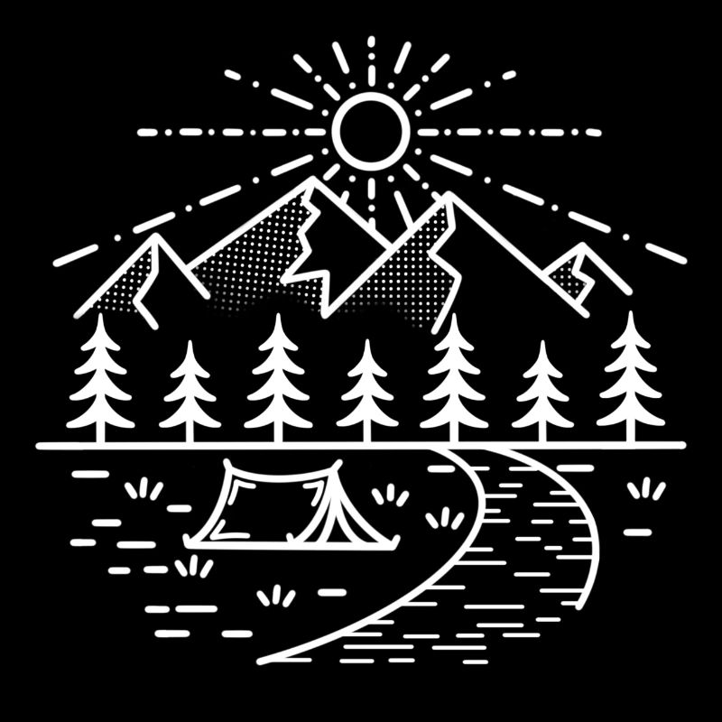 Mountains with river and tent in monoline design