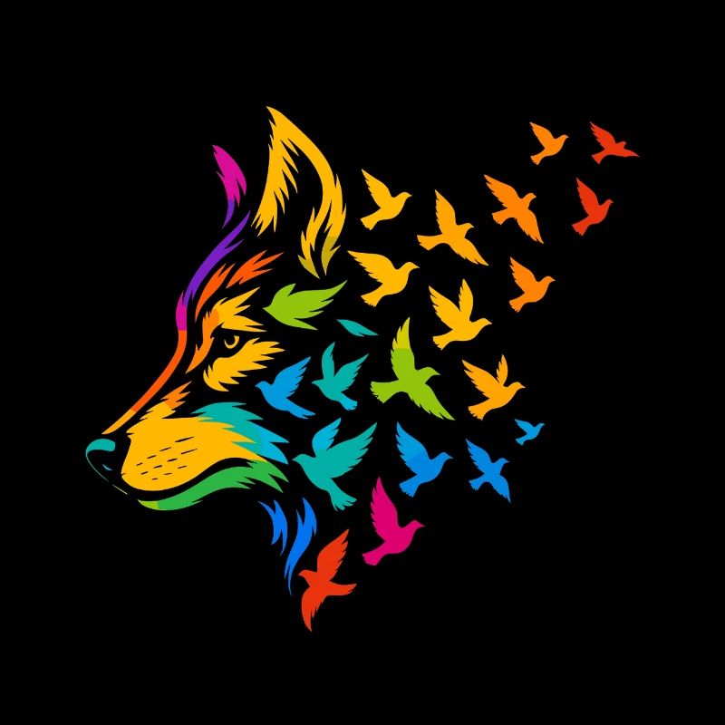 Bunter Wolfskopf mit fliegenden Vögeln