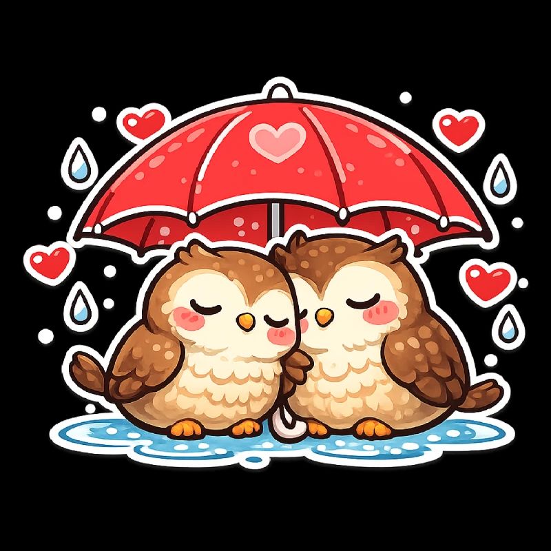 Kuschelige Eulen unter rotem Regenschirm