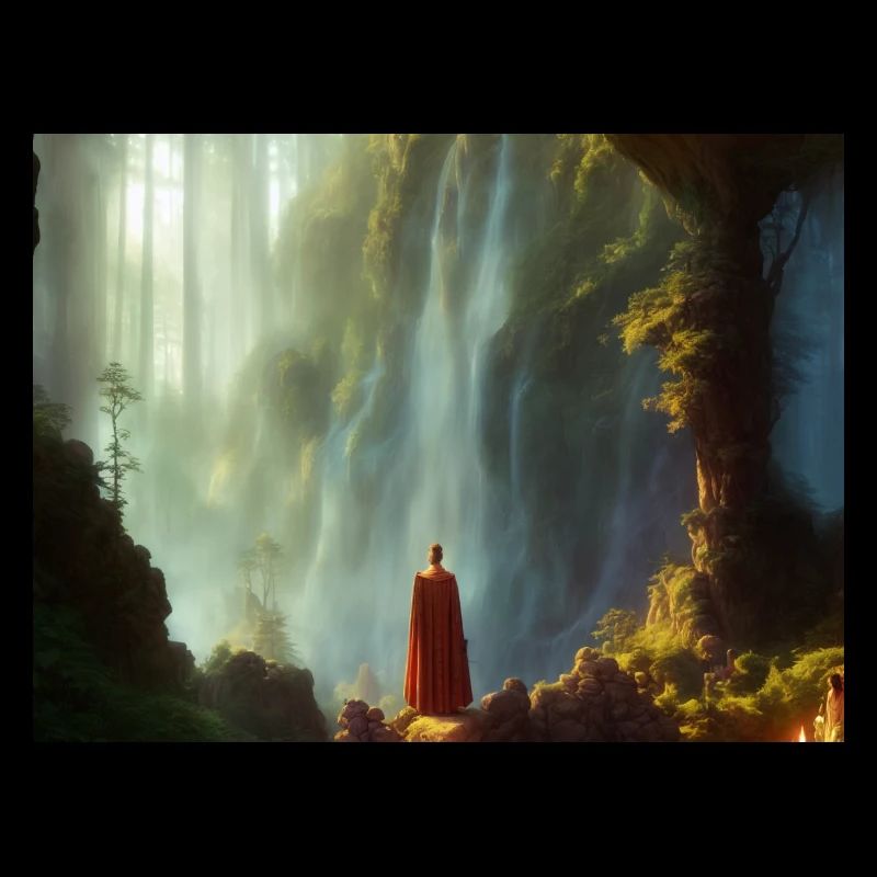 Roi méditant devant la cascade