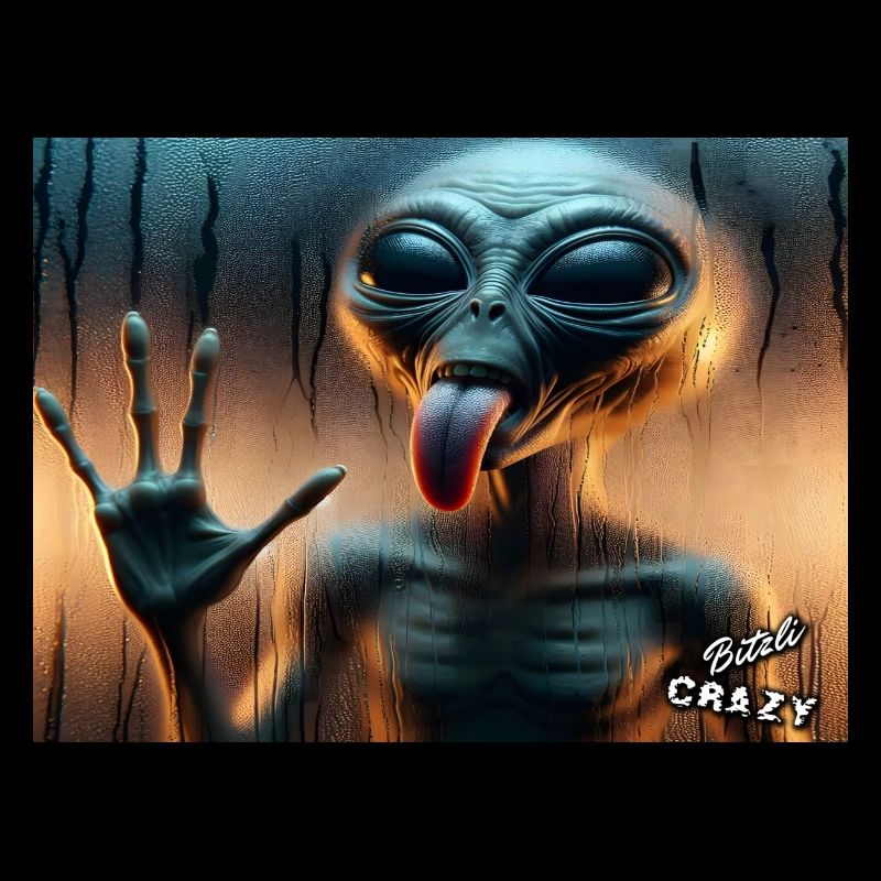 Un extraterrestre lèche la vitre de douche humide