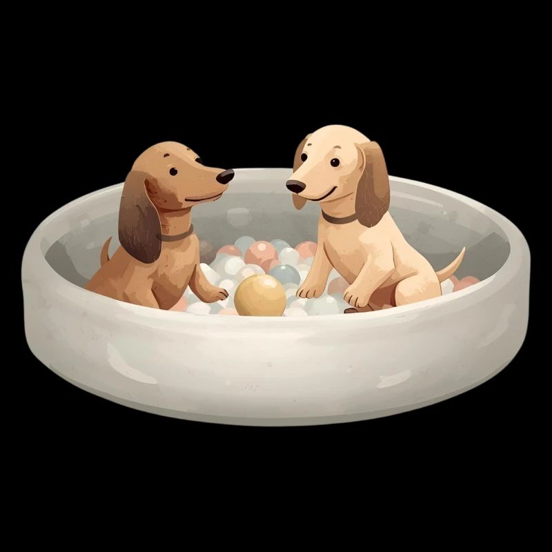 Deux teckels en piscine à balles design pastel