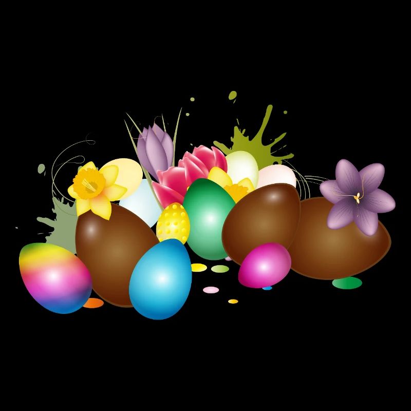 Chocolate Easter eggs with colorful eggs and flowers