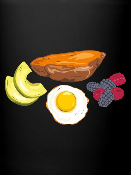 Fried egg, sweet potato, avocado and berries