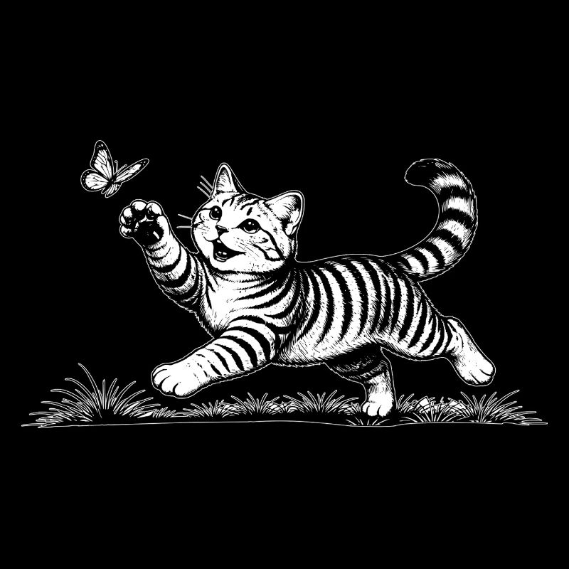 Chat jouant avec un papillon noir et blanc