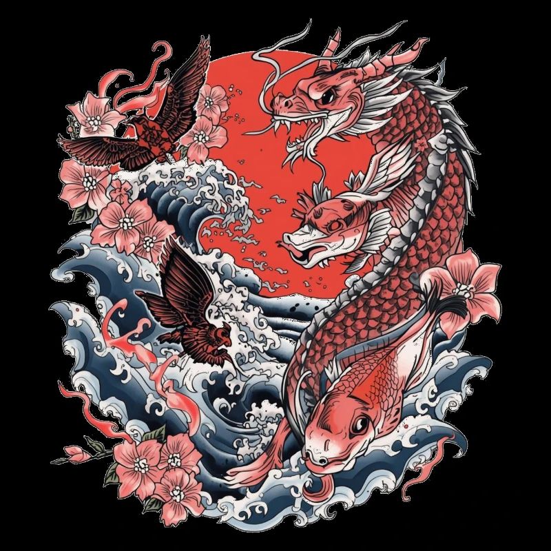 Koi, Vagues et Fleurs de cerisier