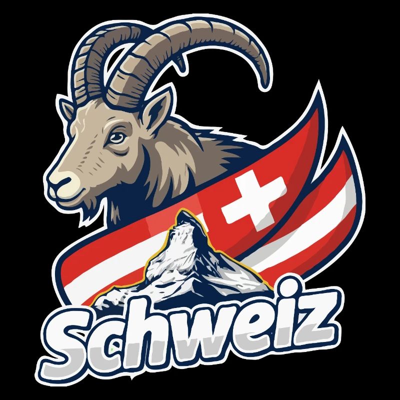Alpensteinbock mit Schweizer Flagge