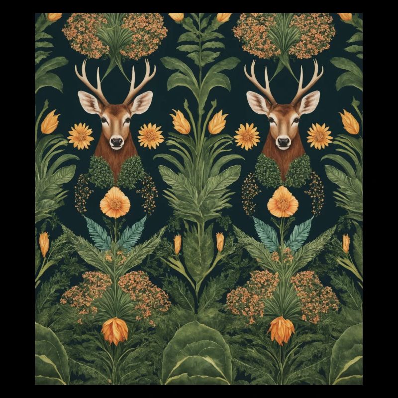Symmetrical pattern with deer and flowers