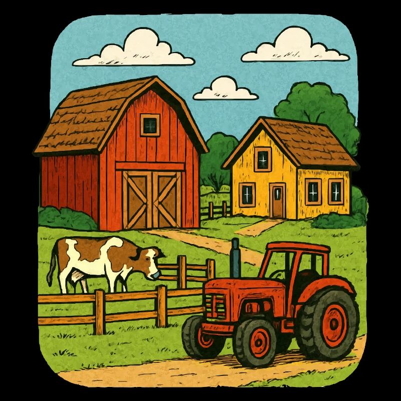 Ländliche Farm mit rotem Traktor