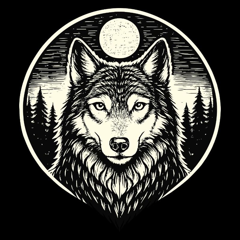 Hurleur de nuit - Loup en style gravure sur bois