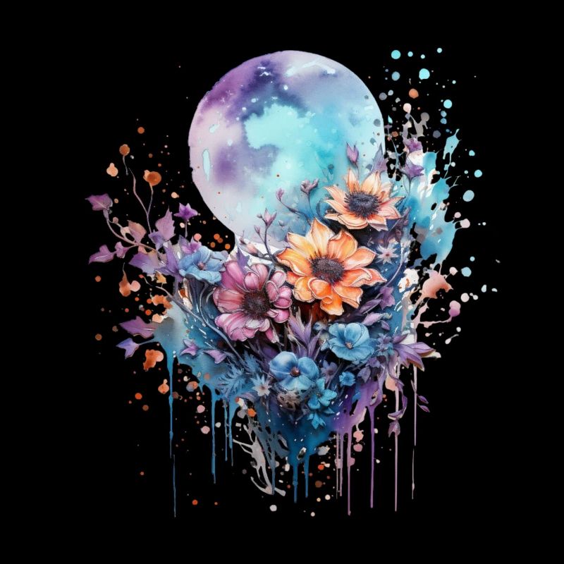 Lune à l’aquarelle avec des fleurs